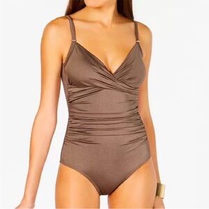 Calvin Klein Tummy-Control One-Piece Swimsuit metallic Bronze size 14 ruched